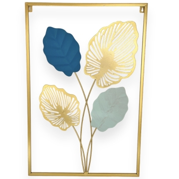 Tablou decorativ metalic 4 frunze de palma mint albastru auriu