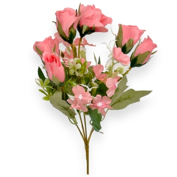 Buchet 6 trandafiri cu mini hortensie roz pudra