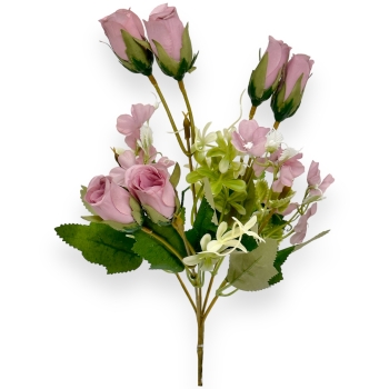 Buchet 6 trandafiri cu mini hortensie lila deschis